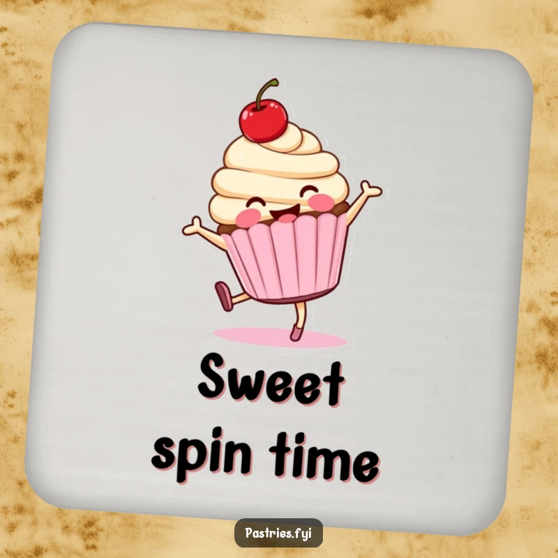 Funny cartwheeling cupcake character drink coasters, smiling and energetic, adding a playful touch.