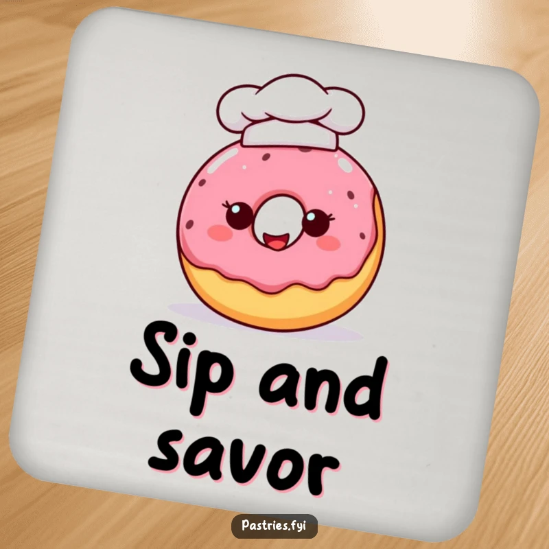 Funny donut character wearing a chef hat, serving as a humorous and protective drink coaster for any surface.