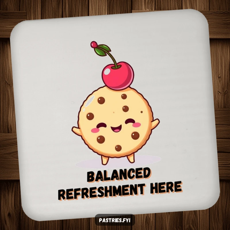Funny cookie character balancing a cherry on its head, printed on a drink coaster. A small but humorous item.