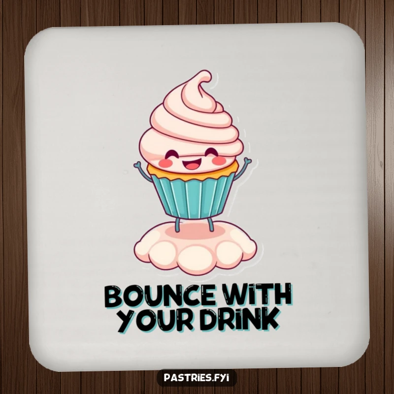 Funny smiling cupcake character bouncing on its frosting on a drink coaster, adding a cheerful accent.