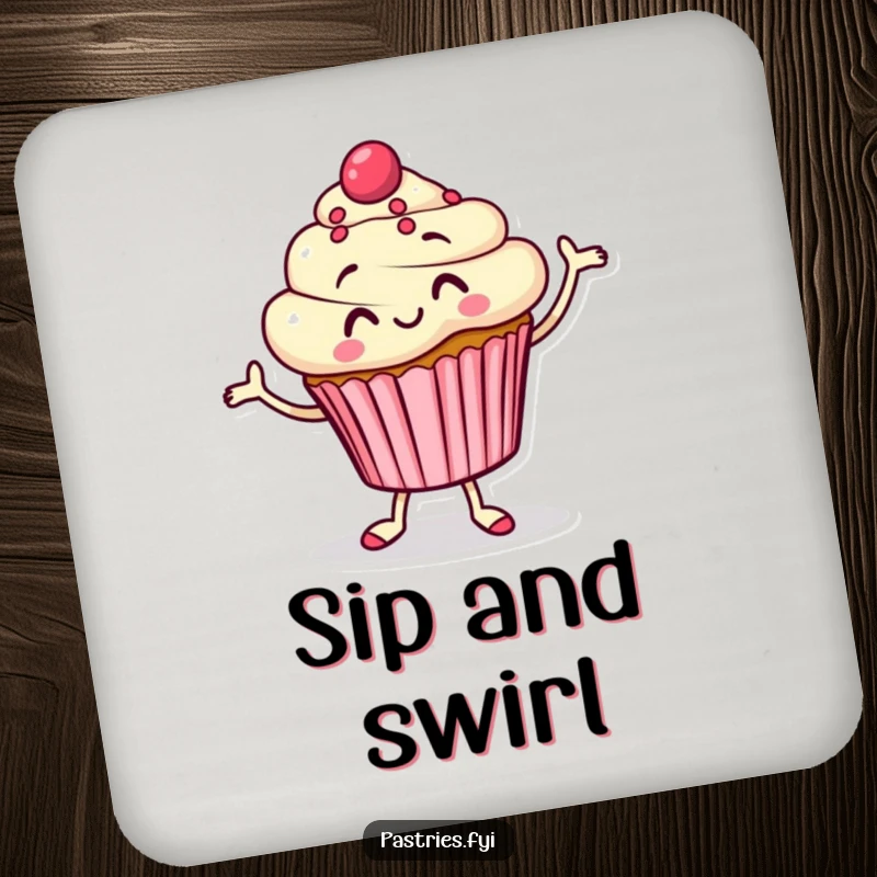 Funny Drink Coasters featuring a smiling cupcake character doing a joyful jig, adding humor to tabletops.