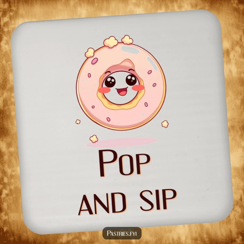 Funny drink coaster featuring a giggling donut hole character bouncing like popcorn, adding a touch of whimsical fun.