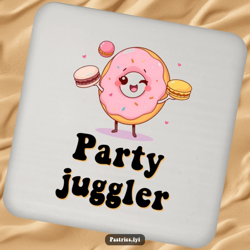 Funny drink coaster featuring a winking donut character juggling three colorful macarons, perfect for adding a touch of whimsy.