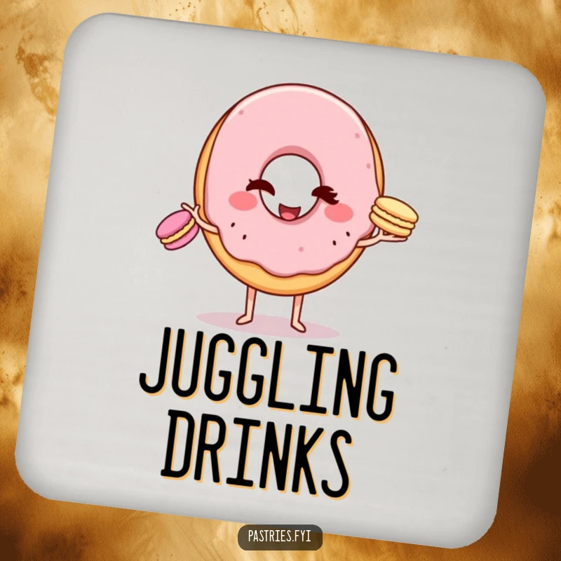 Funny Coaster: A winking donut character attempting to juggle three tiny macarons, adding a humorous and stylish touch to any surface.