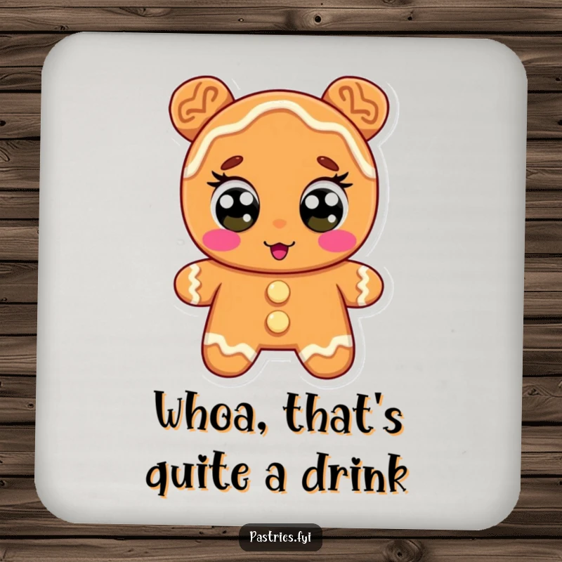 Funny gingerbread drink coaster, a character with icing eyes wide in surprise, exuding comical shock and protecting surfaces.