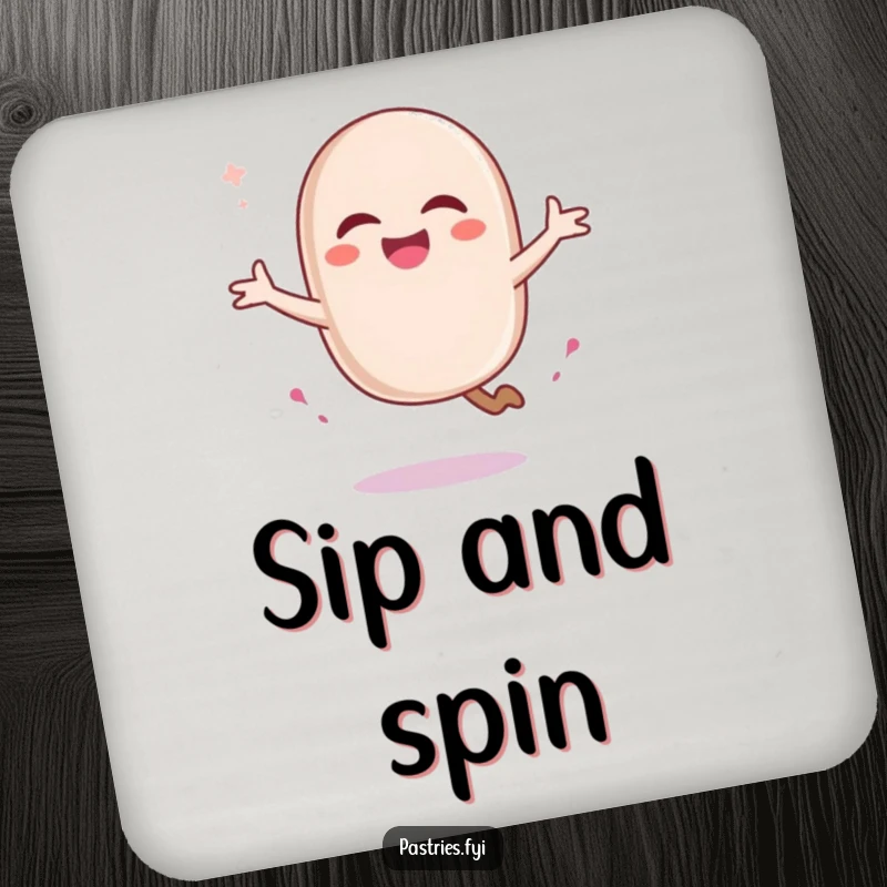 Funny macaron character pirouetting with a sugar trail, printed on a drink coaster. A chic and humorous accessory.