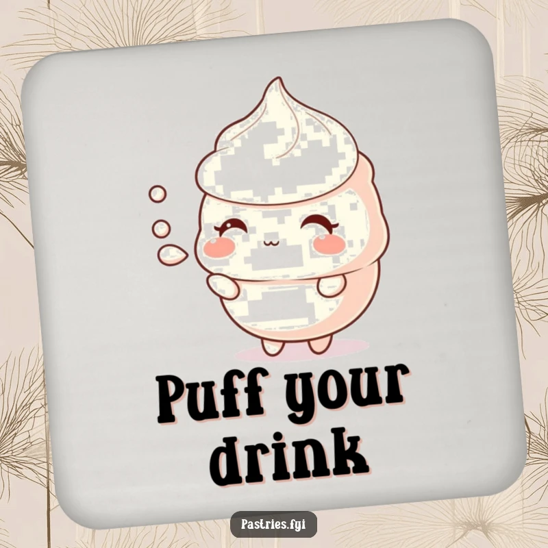 Funny meringue drink coaster with a shy character puffing air, adding a gentle touch to any surface.