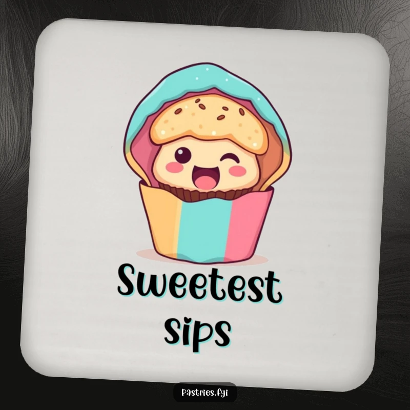 Funny muffin character drink coaster, peeking with excitement from its wrapper, a charming and practical addition to any table.
