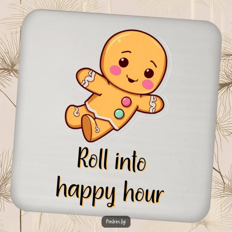 Funny drink coaster featuring a gingerbread man character with frosting buttons, rolling forward with festive holiday cheer.
