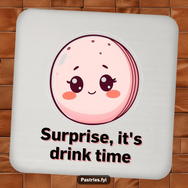 Funny drink coaster featuring a blushing macaron character with wide eyes in surprise, adding humor to table protection.