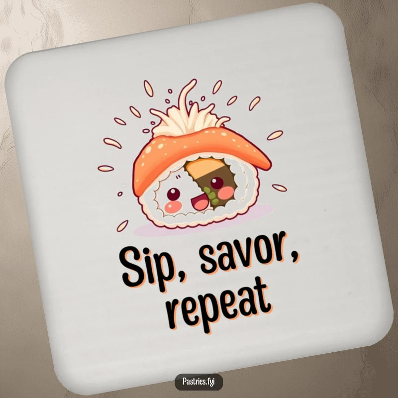 Funny sushi drink coaster with a sushi roll character and flying rice, adding a touch of humor and protection to your beverage station.
