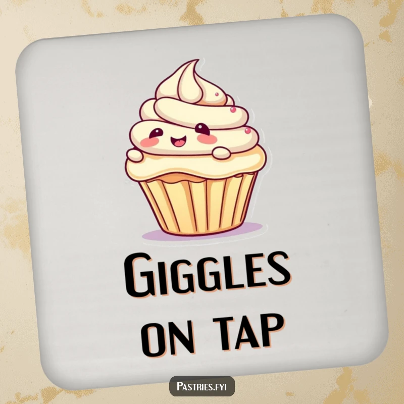 Funny drink coasters featuring a giggling cupcake character sliding on frosting, a humorous and sweet addition to any home bar or table.