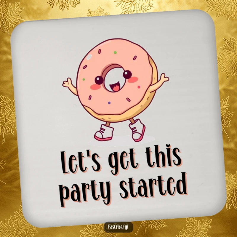 Funny donut in tiny boots performing a spirited jig, a humorous and stylish coaster for drink protection.