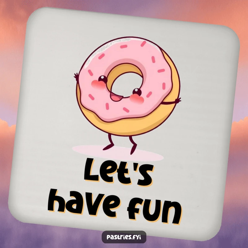 Funny Drink Coaster showcasing a delighted donut with tiny legs mid-cartwheel.