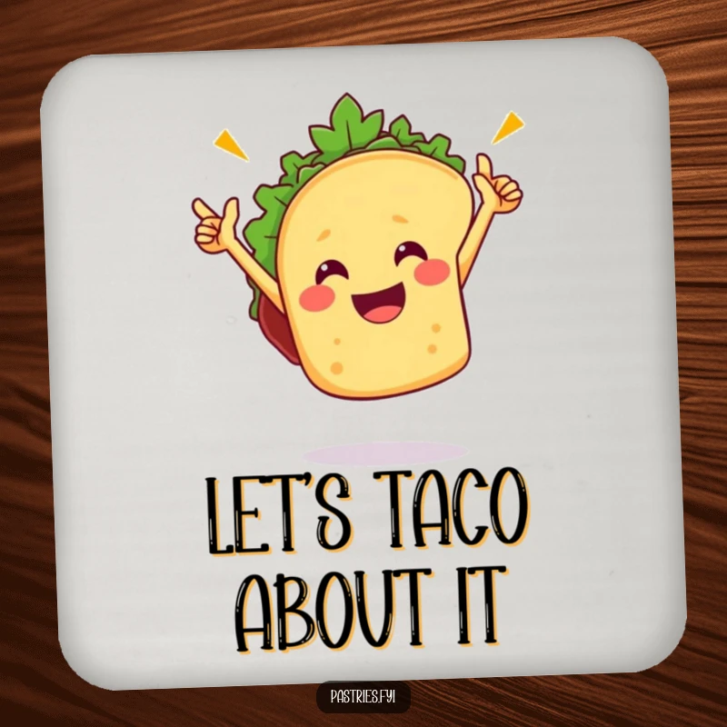 Funny taco drink coaster with a dancing taco character, perfect for protecting surfaces and adding a festive, humorous touch to your drink station.