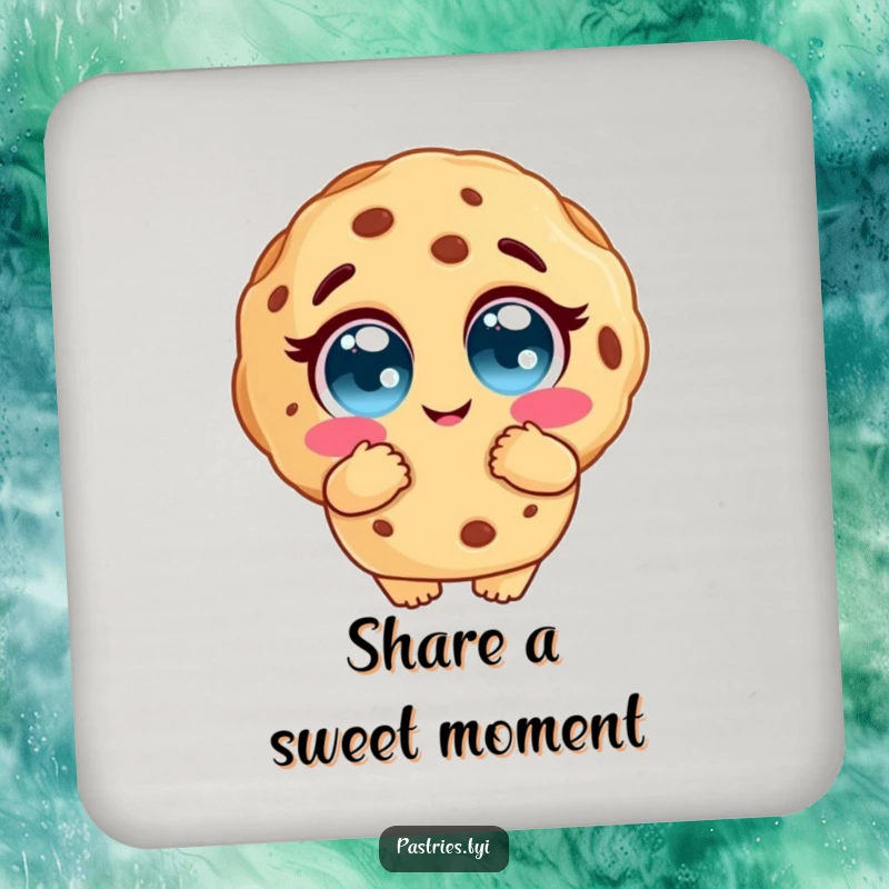 Funny cookie drink coaster with a cookie character offering a hug, perfect for protecting surfaces and adding a touch of sweetness.