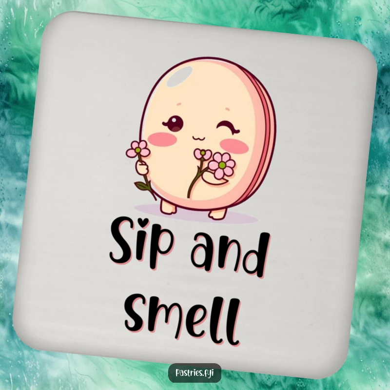 Funny Macaron Coaster: A shy macaron character blushing and holding a small flower, offering sweet surface protection.