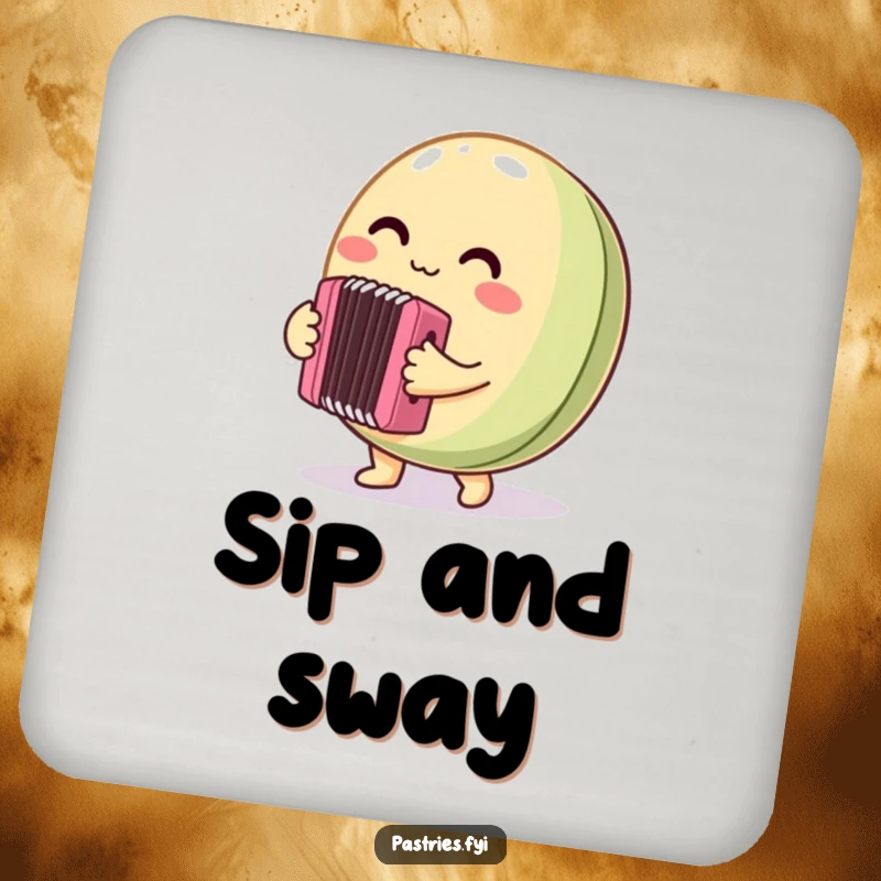 Funny Drink Coaster featuring a round macaron character enthusiastically playing a tiny accordion, protecting surfaces with a whimsical and musical design.