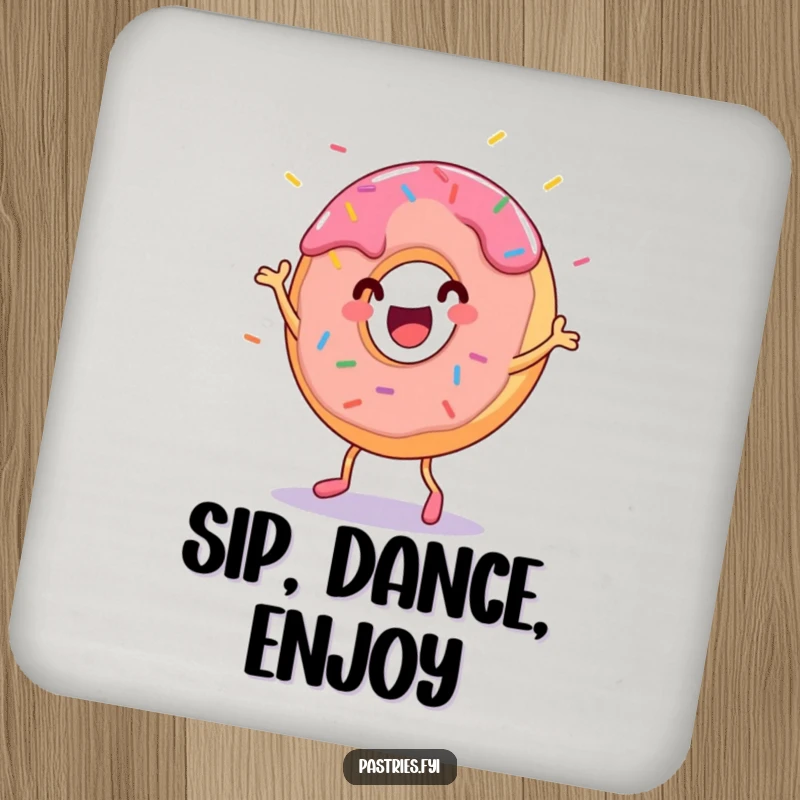 Funny donut character dancing with sprinkles flying, printed on a drink coaster. A small but cheerful item.
