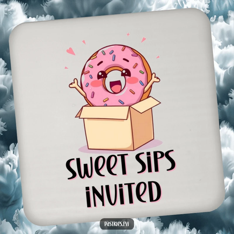 Funny coasters featuring a cheerful donut character with sprinkles, bursting excitedly out of a box, perfect for festive tabletops.