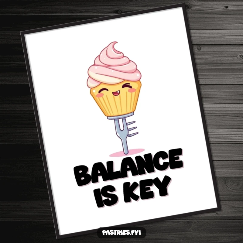 Funny poster print of a winking cupcake character balancing on a tiny silver fork, adding a touch of playful art.