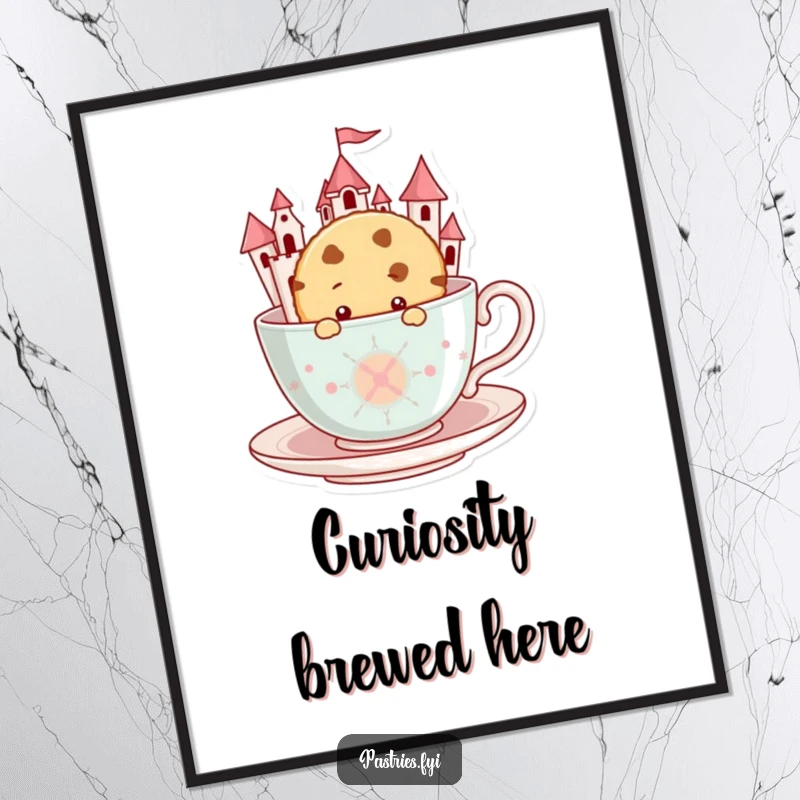 Funny Cookie Poster: Whimsical art showing a curious cookie peeking from a fantastical giant teacup castle.