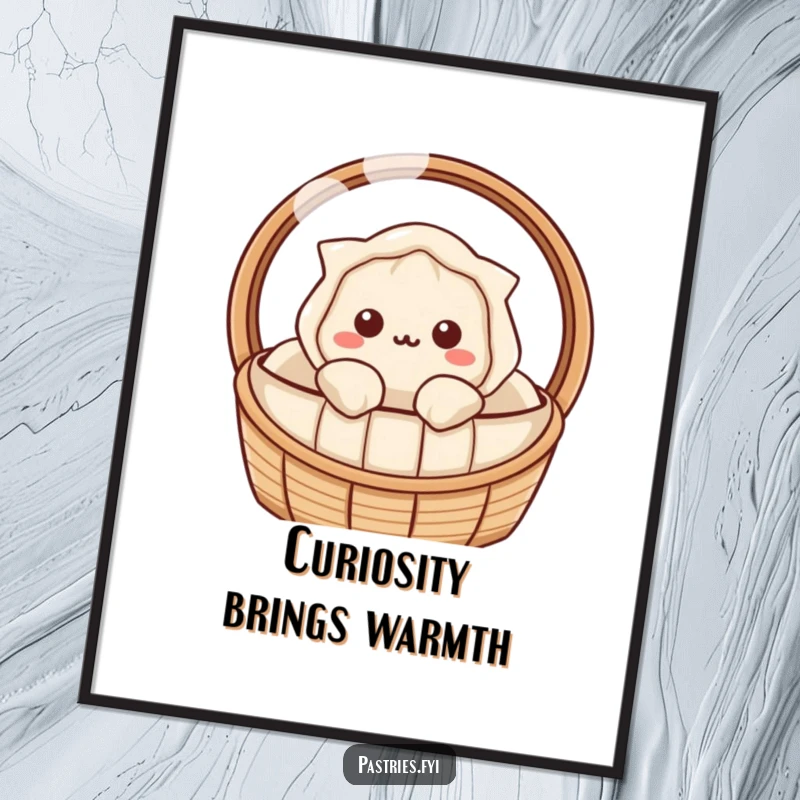 Funny dumpling poster featuring a Kawaii character peeking from a steaming basket, evoking gentle curiosity and warmth.