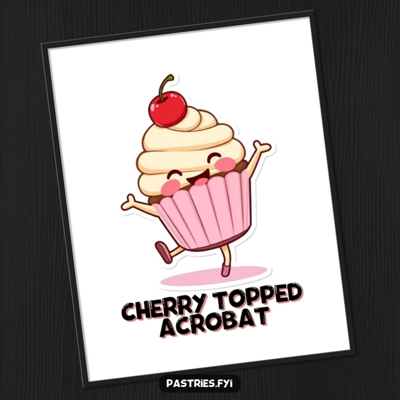 Funny cartwheeling cupcake character poster, smiling with a cherry, capturing dynamic movement and sweet joy.