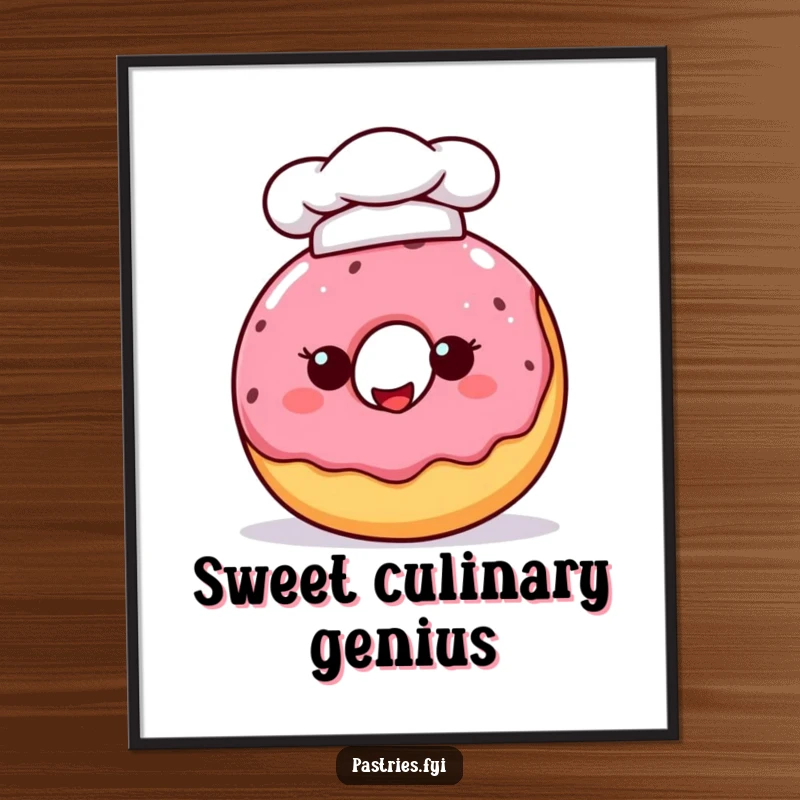 Funny, cheerful donut character in a chef hat, creating humorous and delightful wall art for any kitchen or bakery.