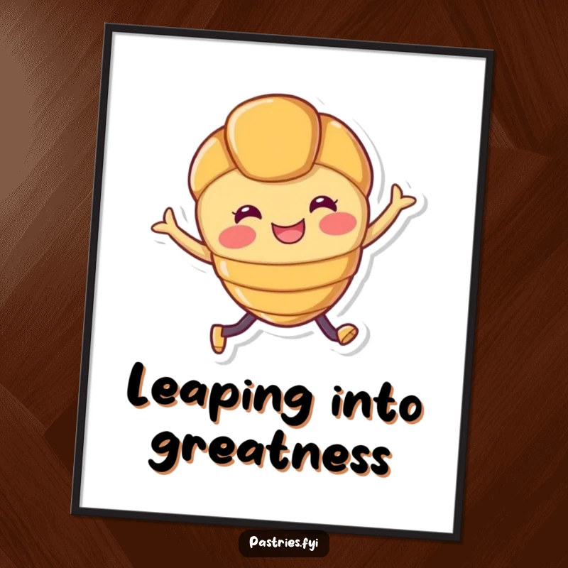 Funny poster print of a smiling croissant character with legs joyfully leaping, exuding energy and happiness.