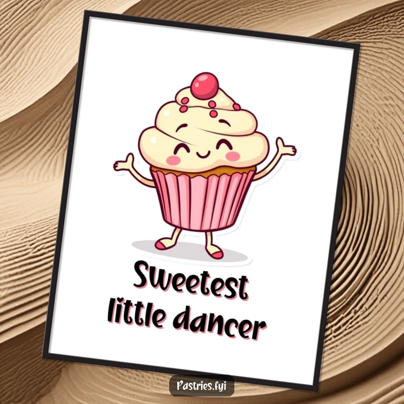 Funny Poster of a cheerful cupcake character caught mid-jig, adding a vibrant and humorous touch to decor.