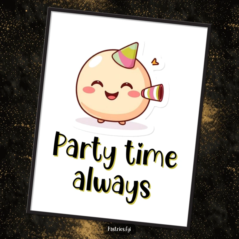 Funny Poster showing a giggling macaroon with its mouth open in a wide grin, blowing a small party horn.