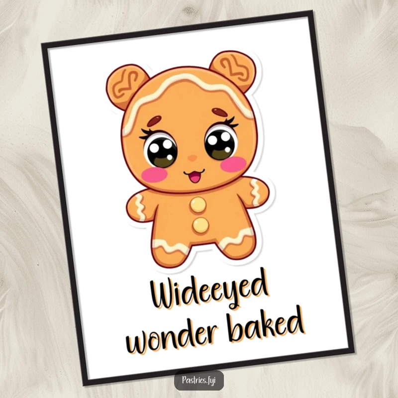 Funny gingerbread poster, a character with icing eyes wide in surprise, looking shocked and comical, perfect for decor.