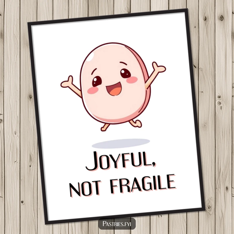 Funny poster print of a happy macaron character bouncing with excitement, creating a lively atmosphere.