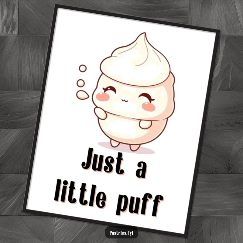 Funny meringue poster featuring a shy character puffing air, a delicate piece of art with subtle humor.