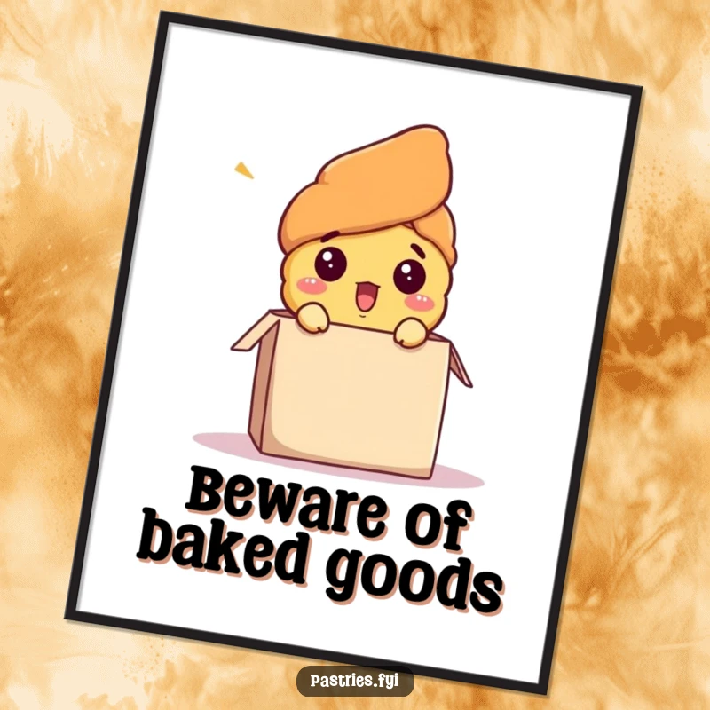 Funny poster print of a shocked croissant character bursting out of a box, creating a humorous and eye-catching piece of wall art.
