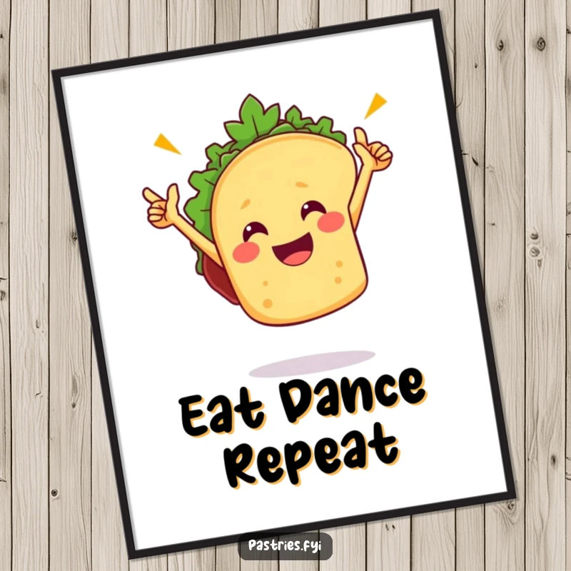 Funny taco poster showcasing an ecstatic taco character dancing with abandon, bringing vibrant fiesta energy and Mexican food appreciation to your decor.