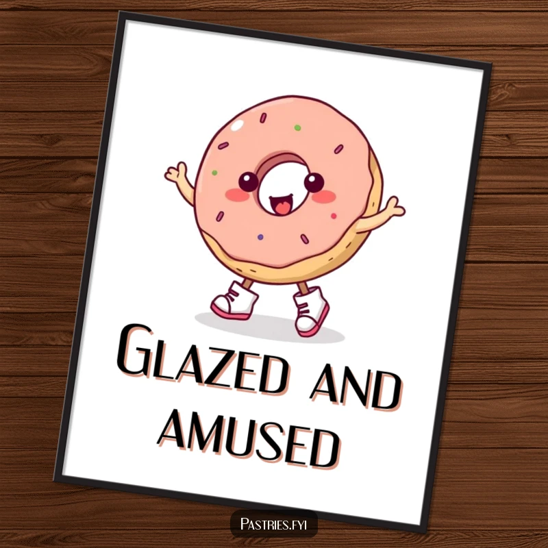 Funny donut wearing boots, in the middle of a lively jig, a humorous and cheerful wall decoration.