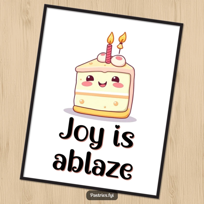 Funny cake slice poster featuring a joyful Kawaii character with a lit candle, radiating pure celebration and happiness.