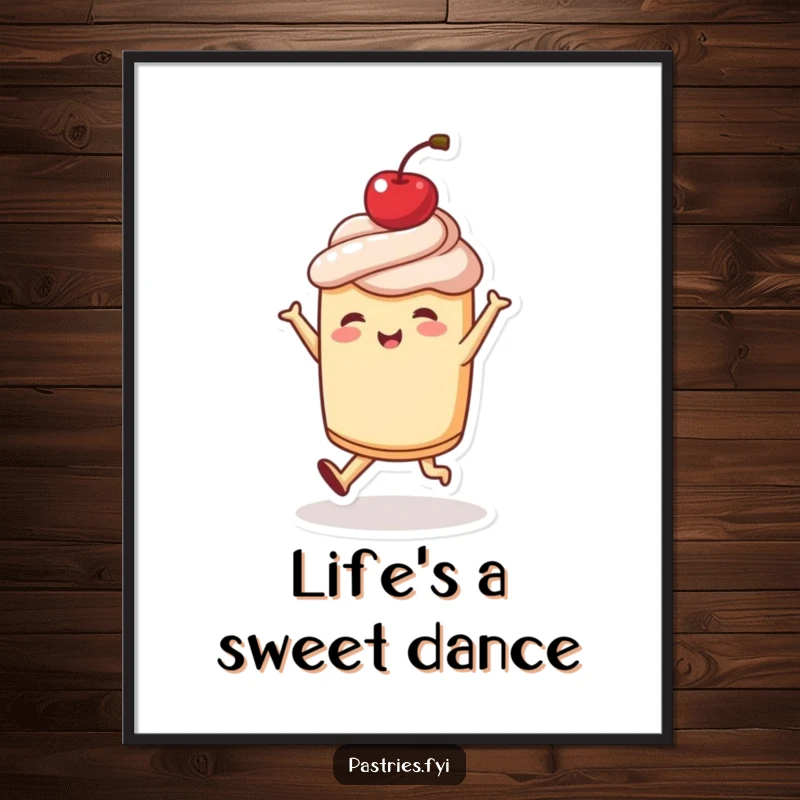 Funny poster print of a joyful pastry character dancing energetically with a cherry on top, a vibrant and humorous piece of wall art.