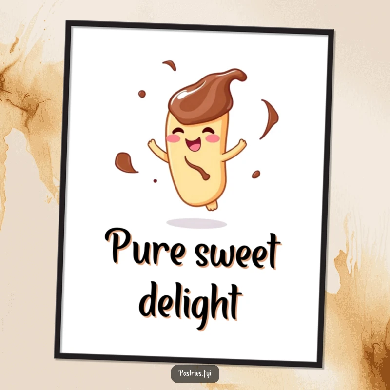 Funny poster showing a delighted churro character, covered in chocolate dip, gleefully twirling mid-air.