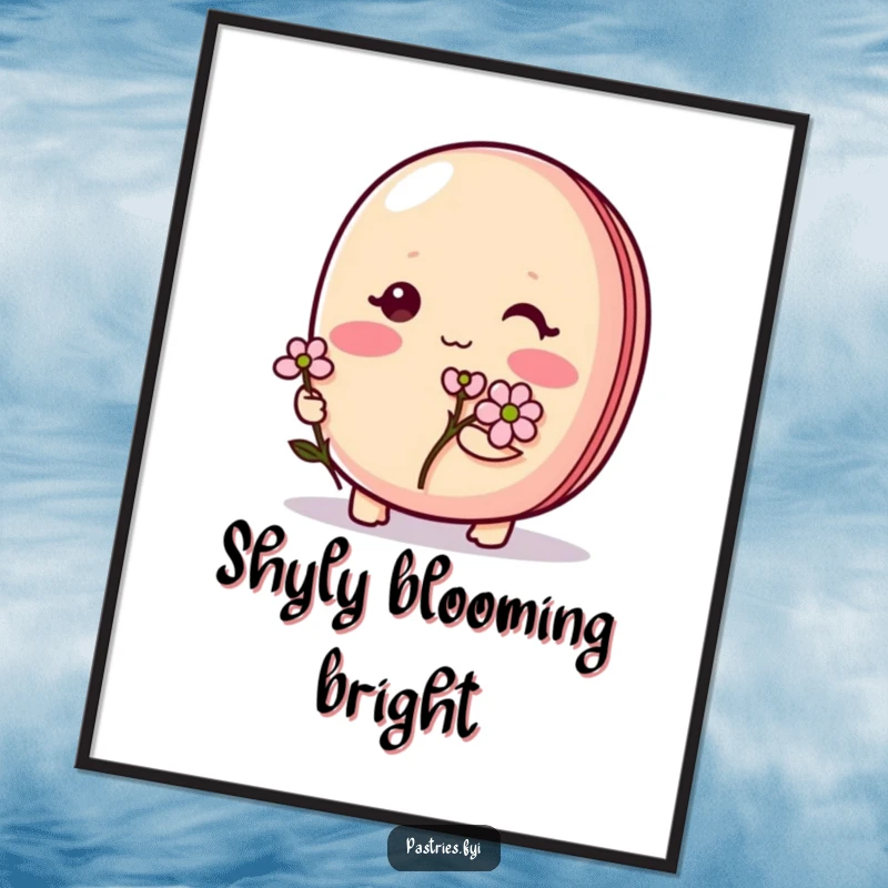 Funny Macaron Poster: A shy macaron character blushing beautifully while tenderly offering a single tiny flower.