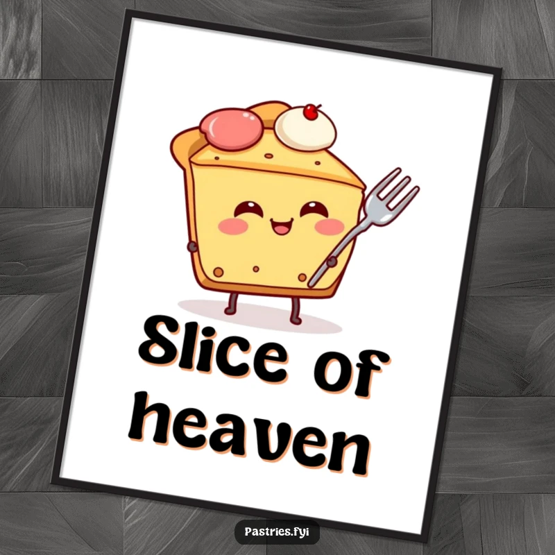 Funny pie slice character poster, depicted giggling uncontrollably with a fork stuck in its side, a humorous and eye-catching wall art.