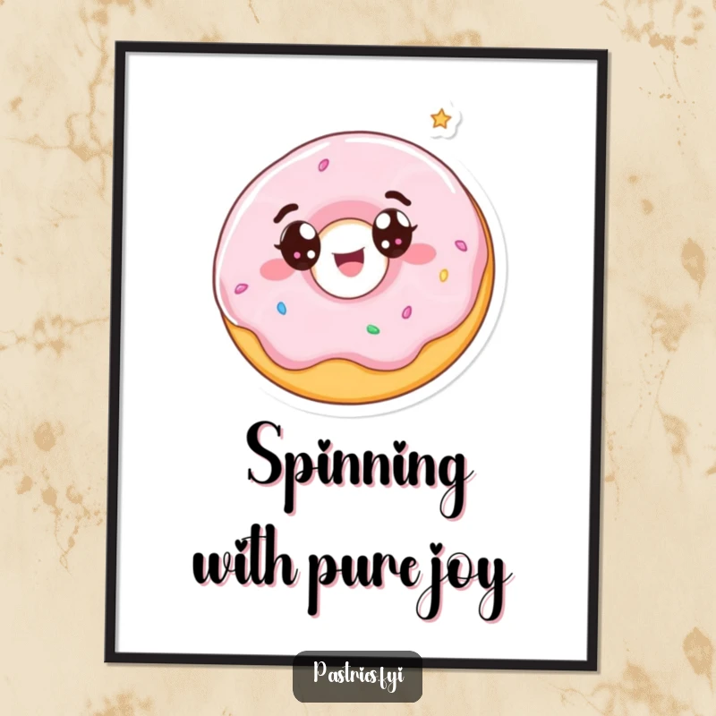 Funny poster showing a wide-eyed donut character spinning with pure delight, capturing a moment of sweet, sugary bliss.