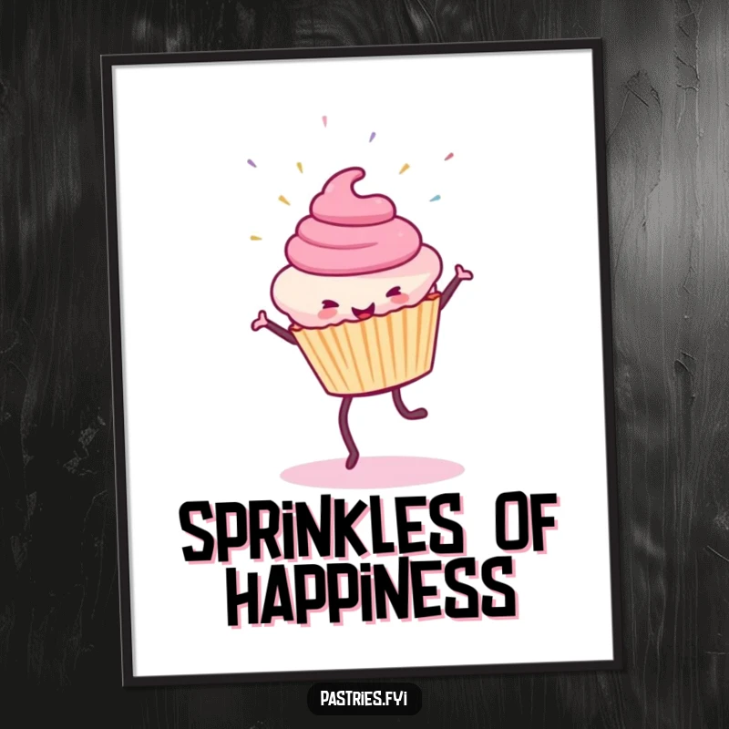 Funny Cupcake Poster: Vibrant art of a smiling cupcake mid-cartwheel with a joyful explosion of flying sprinkles.
