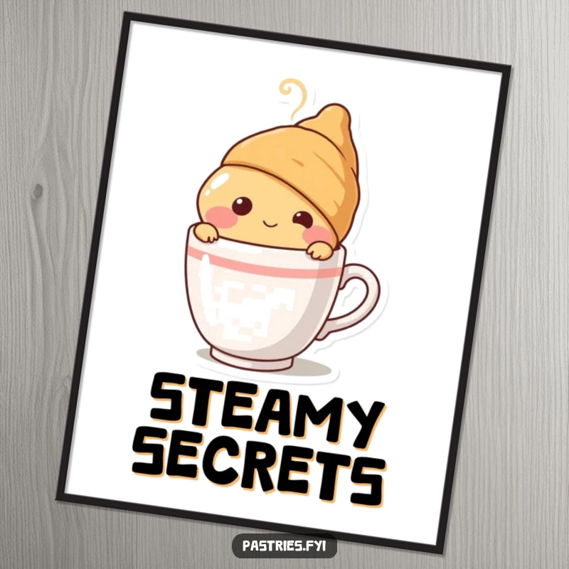 Funny blushing croissant character peeking from behind a steaming coffee cup, presented as a charming and warm poster.