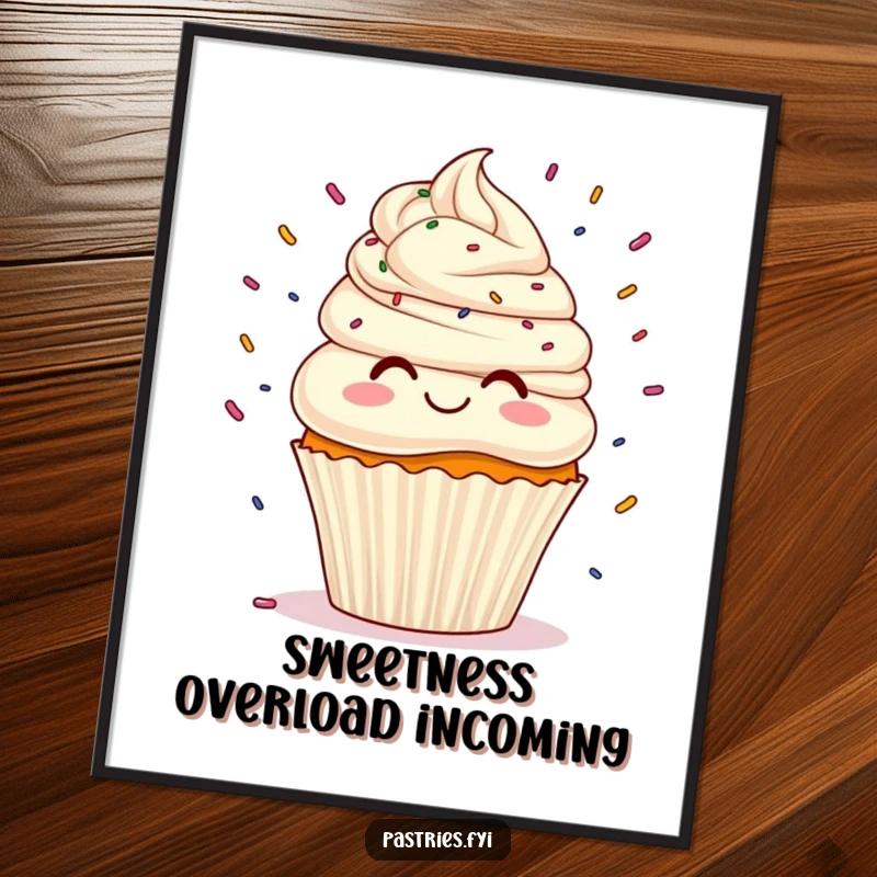 Funny smiling cupcake with frosting hair playfully juggling a shower of colorful sprinkles, a vibrant and humorous wall art.