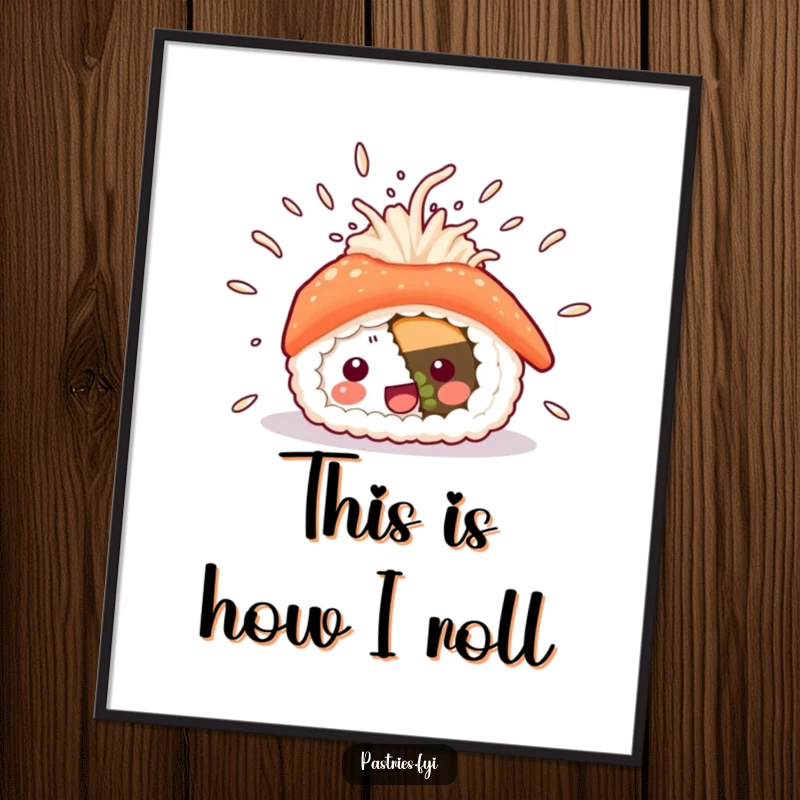 Funny sushi poster featuring a delighted sushi piece with rice flying dramatically, conveying high energy and a love for Japanese cuisine, vibrant wall art.