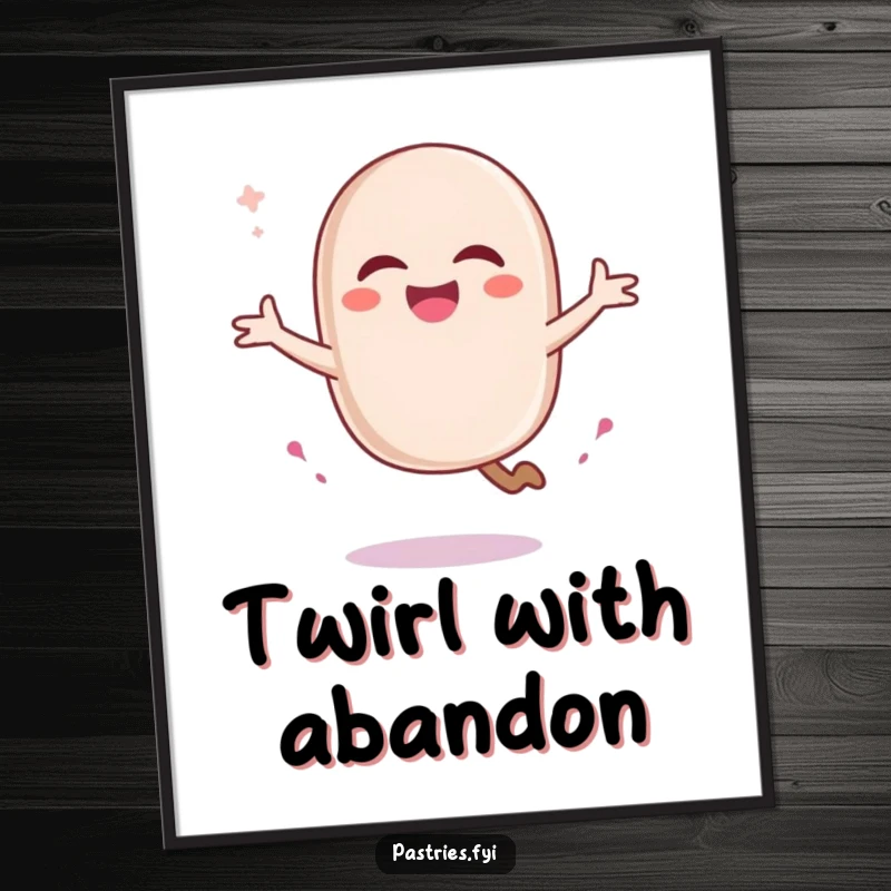 Funny macaron character performing a graceful pirouette with a sugary trail, as a vibrant poster. Sweet wall art.