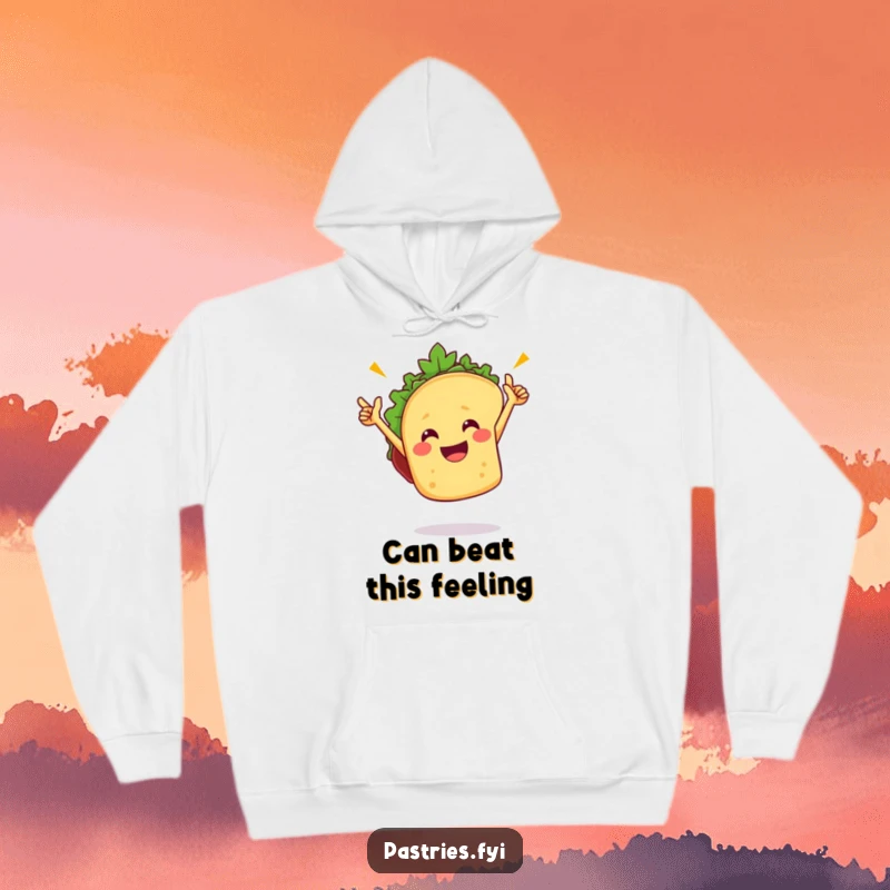 Funny taco hoodie with a happy taco character dancing energetically, representing joy and celebration, perfect for staying warm in style.